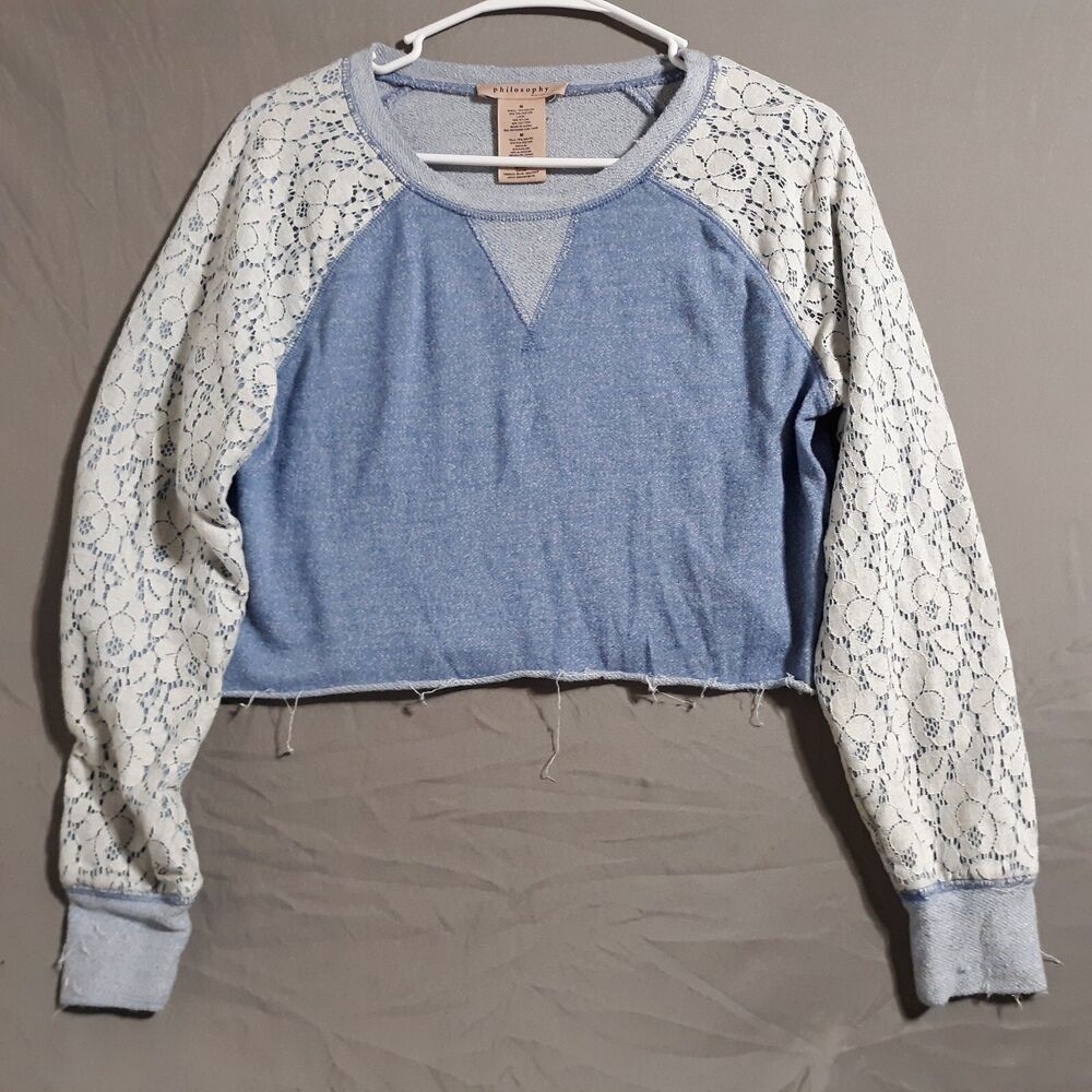 Philosophy Womens Lace Sleeves Shirt Blue White Cropped Crop Top Sz Medium